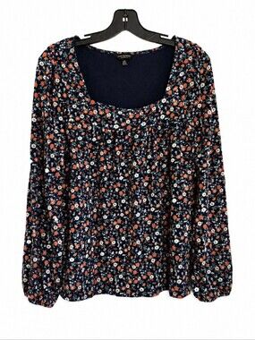 Lucky Brand Floral Peasant Blouse Women’s Large Blue Orange Boho Cottagecore